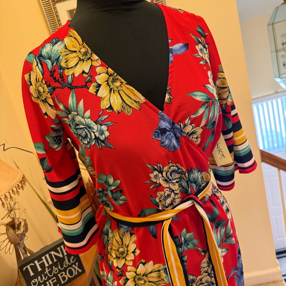 Floral Casual Dress - Vibrant Multi Red and Blue Floral Print